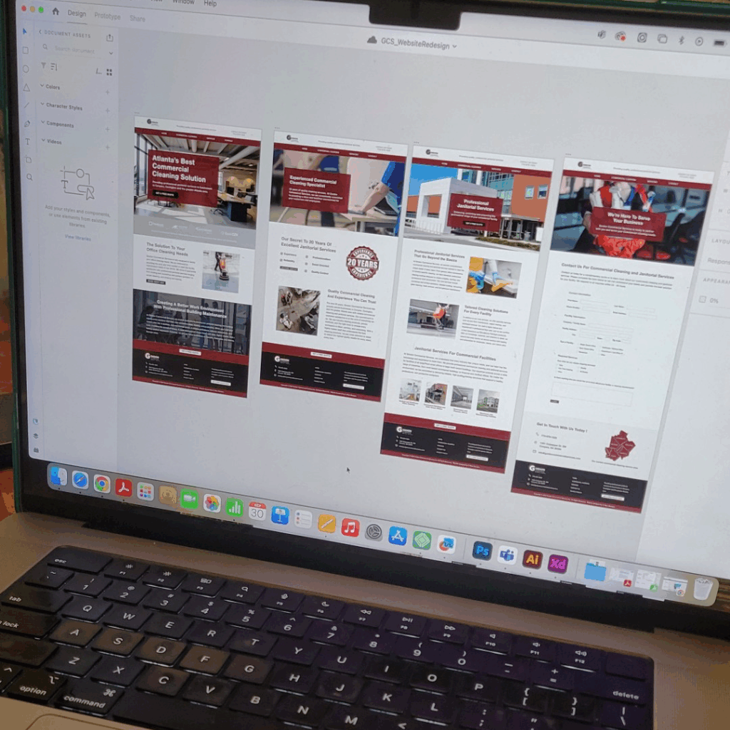 laptop with images of commercial cleaning company website mockup webpages