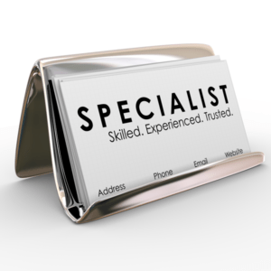 business card in holder that says specialist