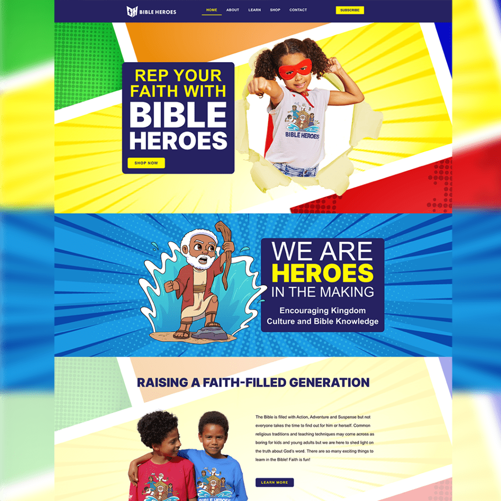 screenshot of Bible Heroes home page website design by S. Mays Designs