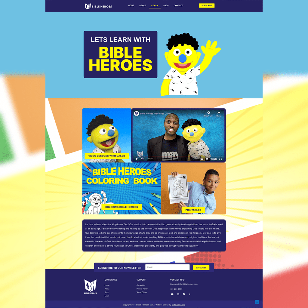 screenshot of Bible Heroes learning page website design by S. Mays Designs