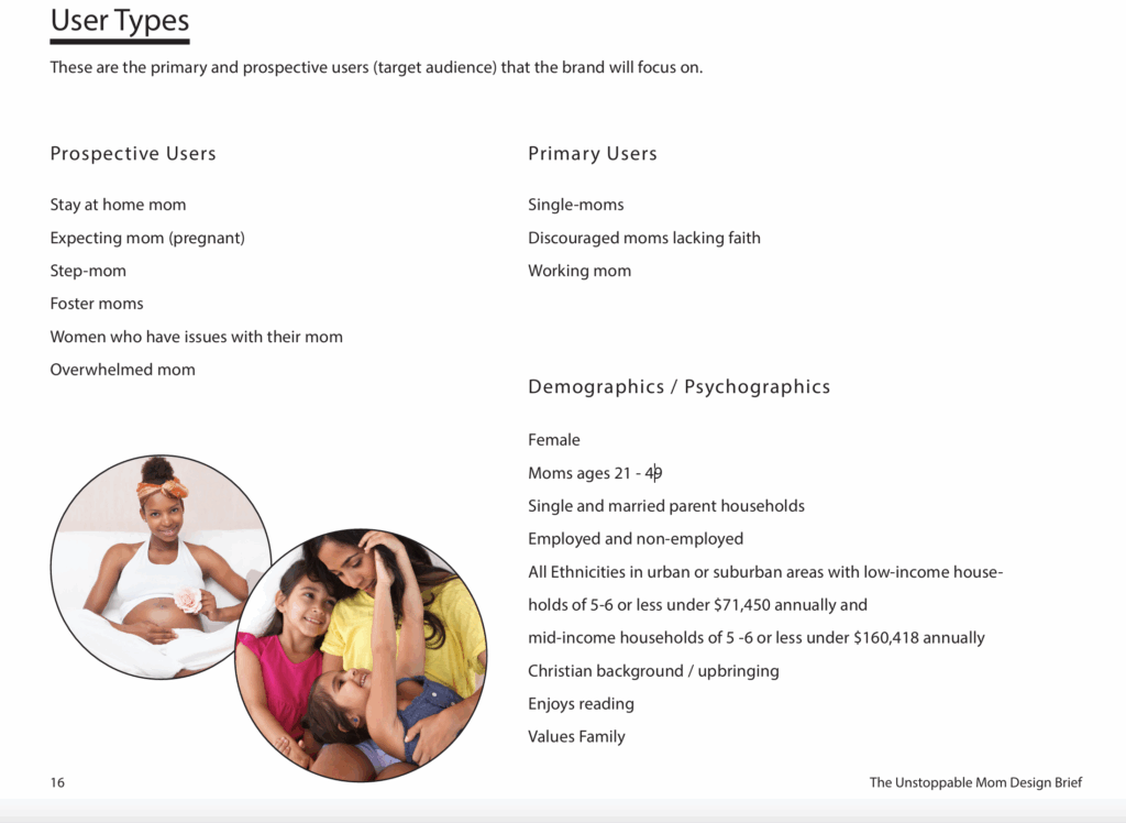 Brand strategy for brand identity design with customer profiles and user journey