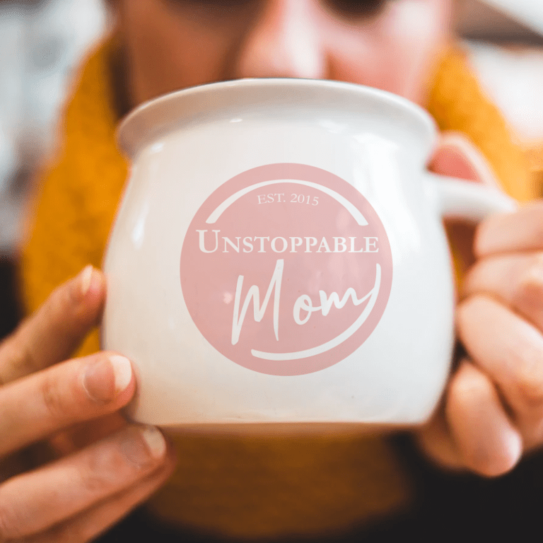 Custom logo design for The Unstoppable Mom on a coffee mug