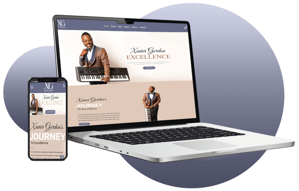 website design for jazz musician Xavier Gordon laptop and cellphone website display