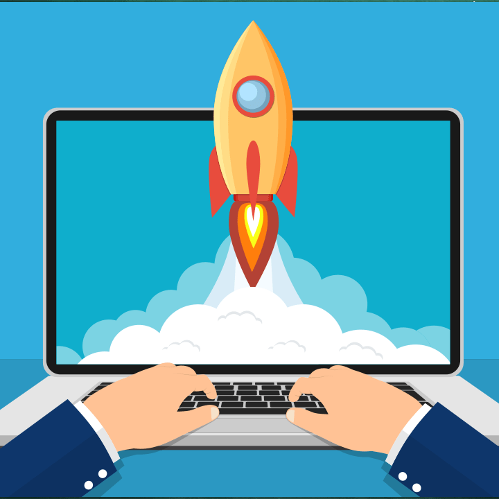illustration of rocket launching out of a computer illustrating website speed