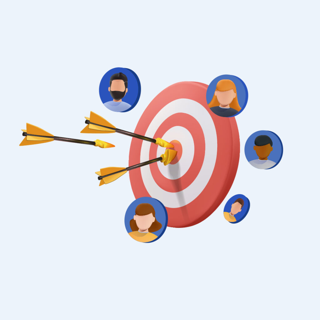 illustration of arrows hitting a target with people icons surrounding it to represent target audience