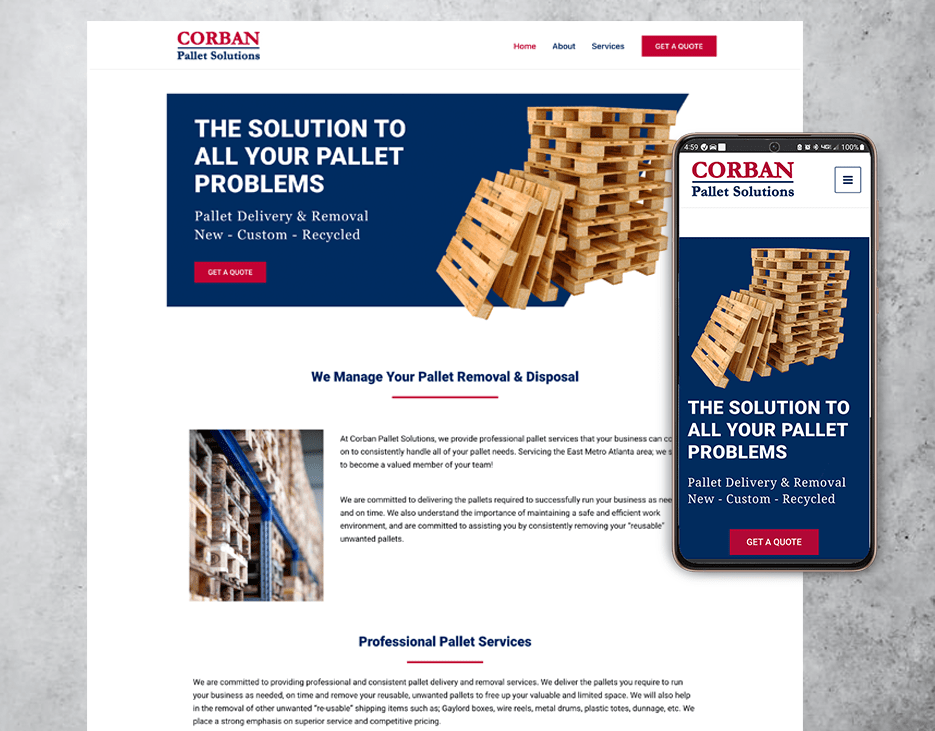 website design for pallet company displaying webpage and cellphone view