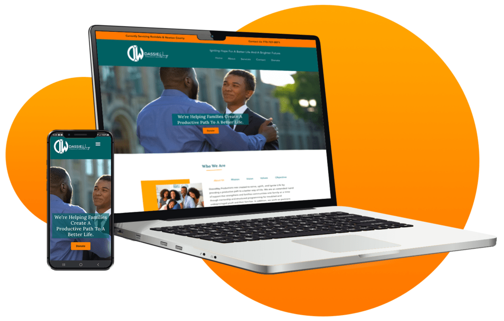 website design for non-profit Dassieway productions computer and cellphone display