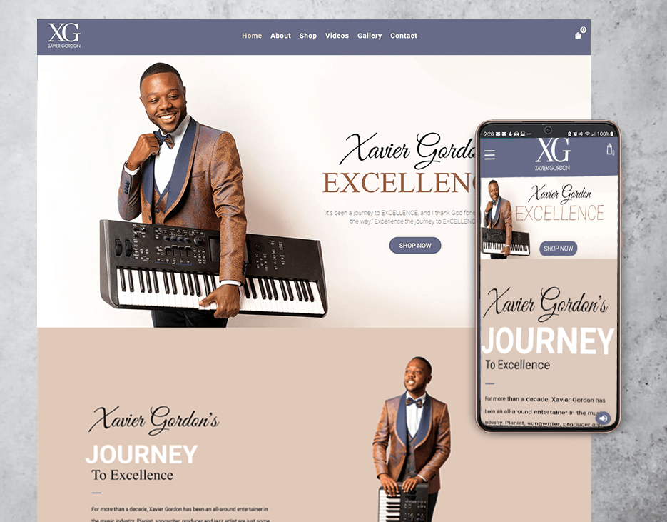 website design for jazz musician Xavier Gordon computer and cellphone display