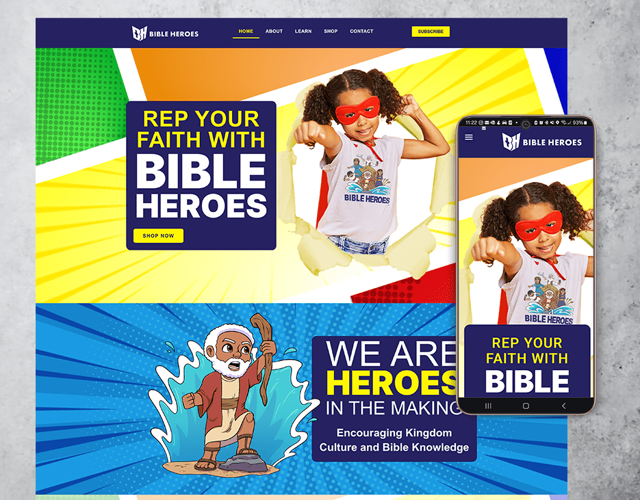 Bible Heroes website design display of page view and cellphone view by S. Mays Designs