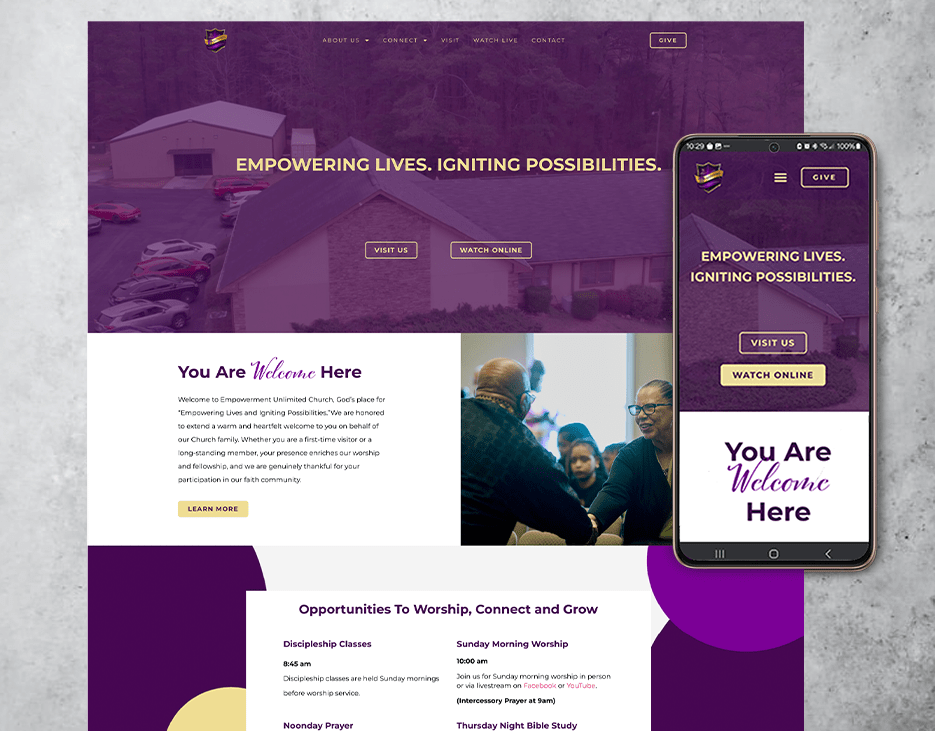 church website design display of page view and cellphone view by S. Mays Designs