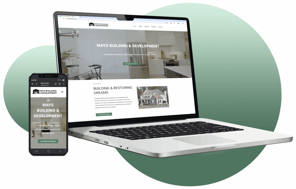 laptop and cellphone view of custom construction website design by S. Mays Designs