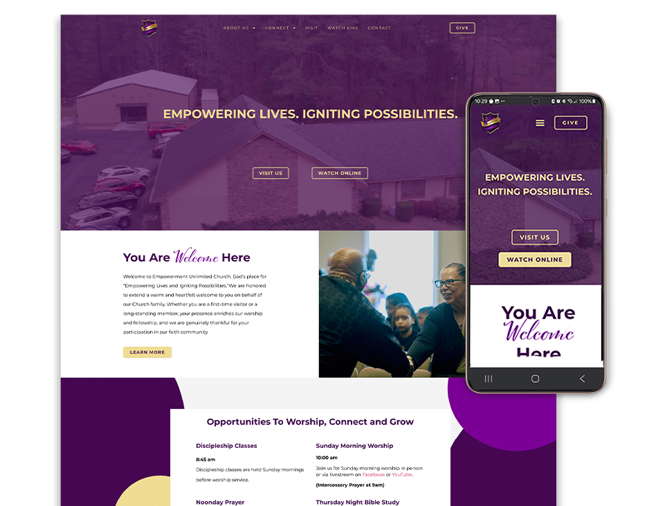 church website design display of page view and cellphone view by S. Mays Designs