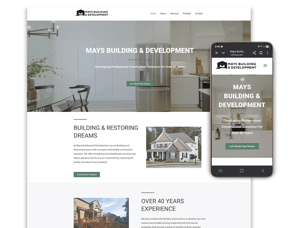 webpage screenshot and cellphone view of custom construction website design by S. Mays Designs