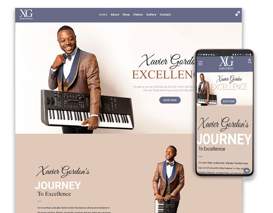 website design for jazz musician Xavier Gordon computer and cellphone display