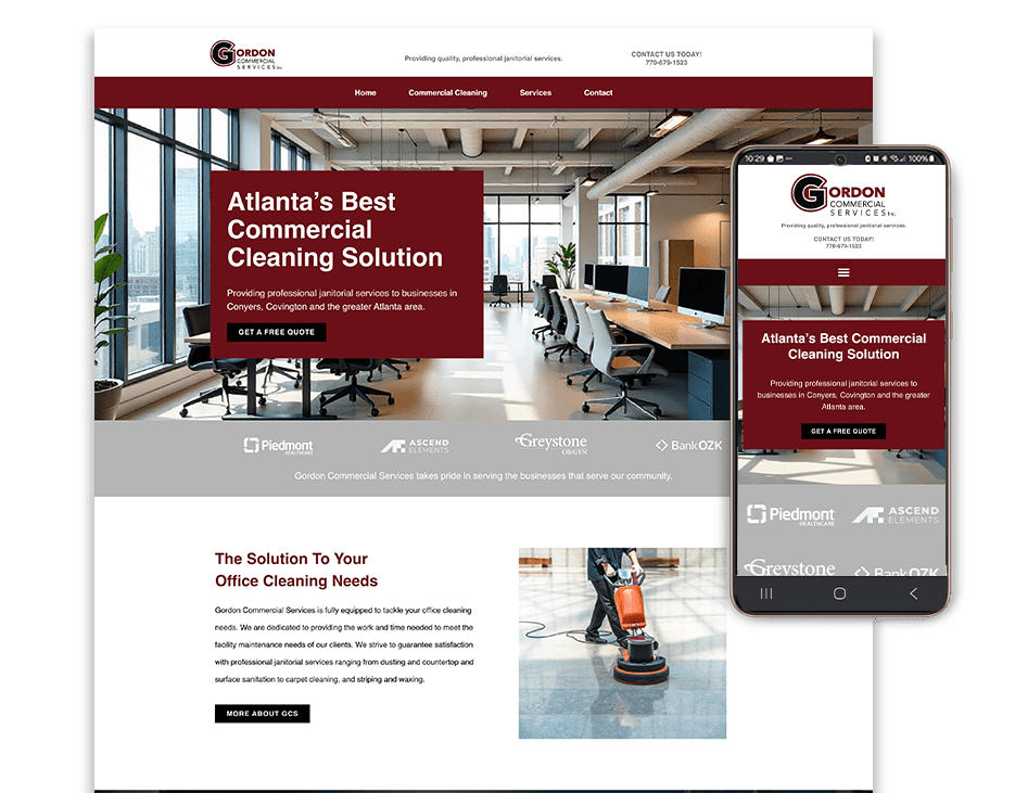 webpage screenshot and cellphone view of custom commercial cleaning website design by S. Mays Designs