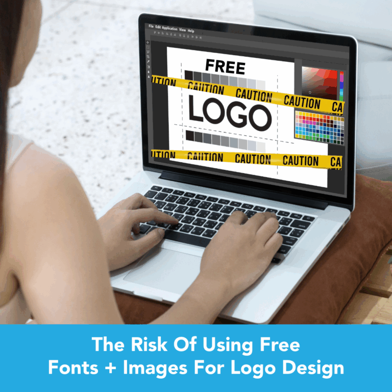 Woman on computer with free logo design on the screen with caution tape and caption " the risk of using free fonts and images for logo design