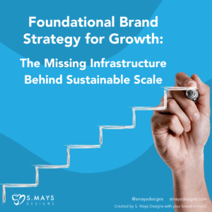 hand drawing single white line stair case upward on blue background with caption, "Foundational Brand Strategy for Growth: The Missing Infrastructure Behind Sustainable Scale "
