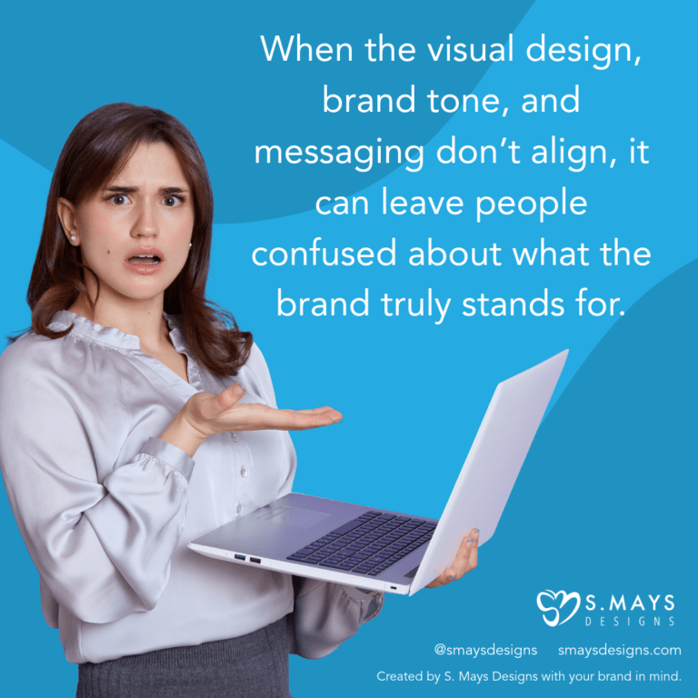 Woman holding laptop looking confused with hand out towards laptop on blue background with caption, "When the visual design , brand tone and messaging don't align, it can leave people confused about what the brand truly stands for.