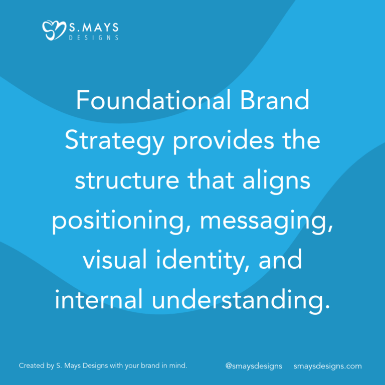 White text on blue background that says, Foundational Brand Strategy provides the structure that aligns positioning, messaging, visual identity, and internal understanding."