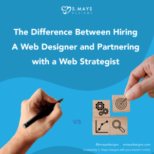 blue background with a hand holding a pen and a hand stacking blocks. White text caption reading, "the difference between hiring a web designer and partnering with a web strategist.