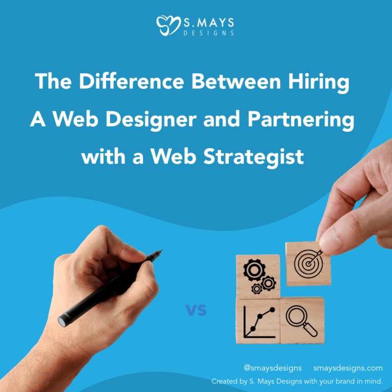 blue background with a hand holding a pen and a hand stacking blocks. White text caption reading, "the difference between hiring a web designer and partnering with a web strategist.