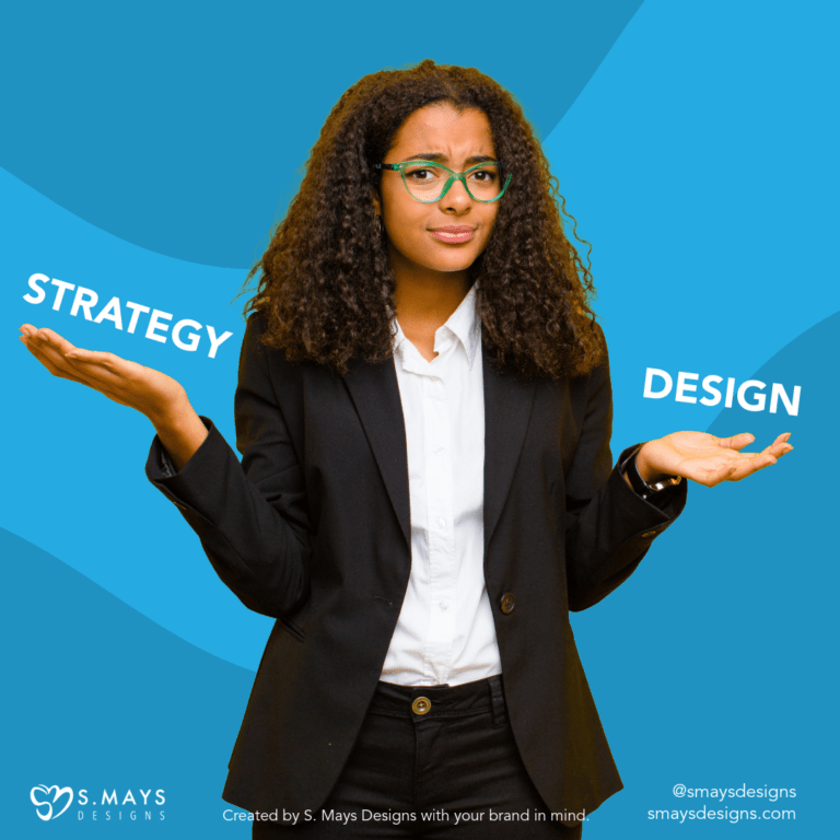 lady with glass on blue background holding her hands out to the side indecisively. Words in white text over her hands, "strategy" and "design"