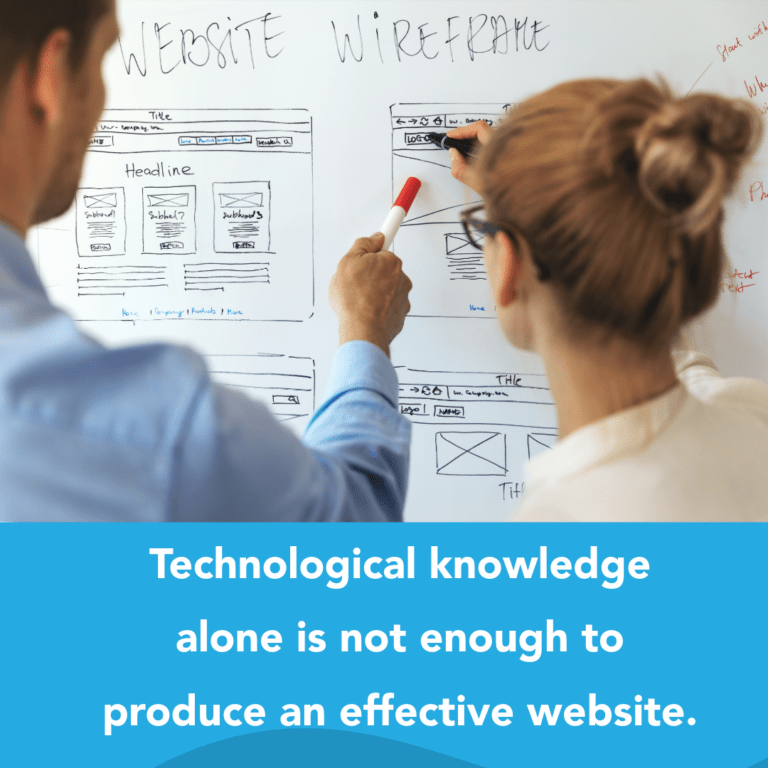 Web Designer and Developer reviewing website design structure on whiteboard with caption below, "Technological knowledge alone is not enough to produce an effective website."