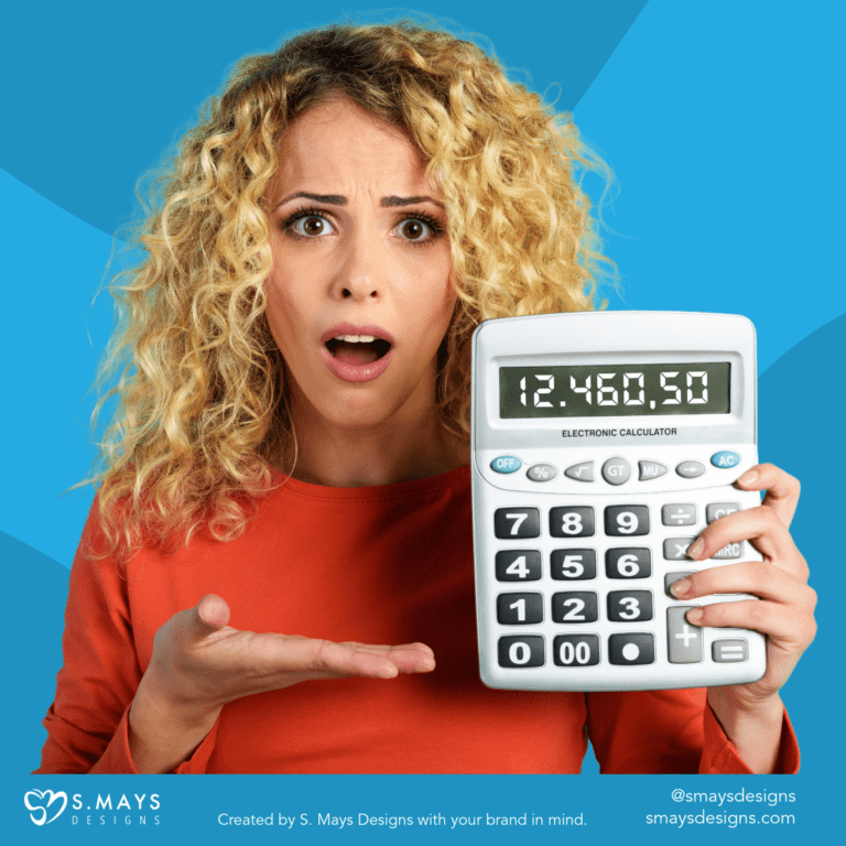 lady holding calculator with the number 12,460,50 with a shocked expression.